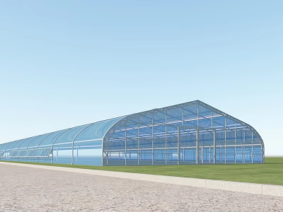 Modern Glass Building With Curved Roof In Green Grass And Paved Ground Area 3d model