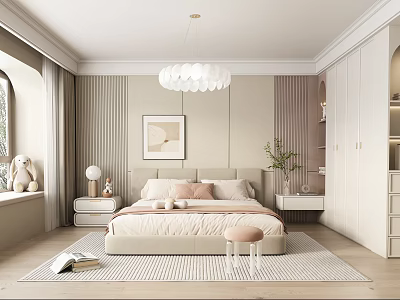 Elegant Modern Bedroom Interior With Striped Walls Pendant Light Area Rug And White Wardrobe 3d model