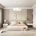 Elegant Modern Bedroom Interior With Striped Walls Pendant Light Area Rug And White Wardrobe