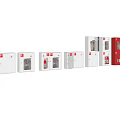 Fire Equipment Cabinets With Fire Extinguishers And Hoses In Various Red And White Styles
