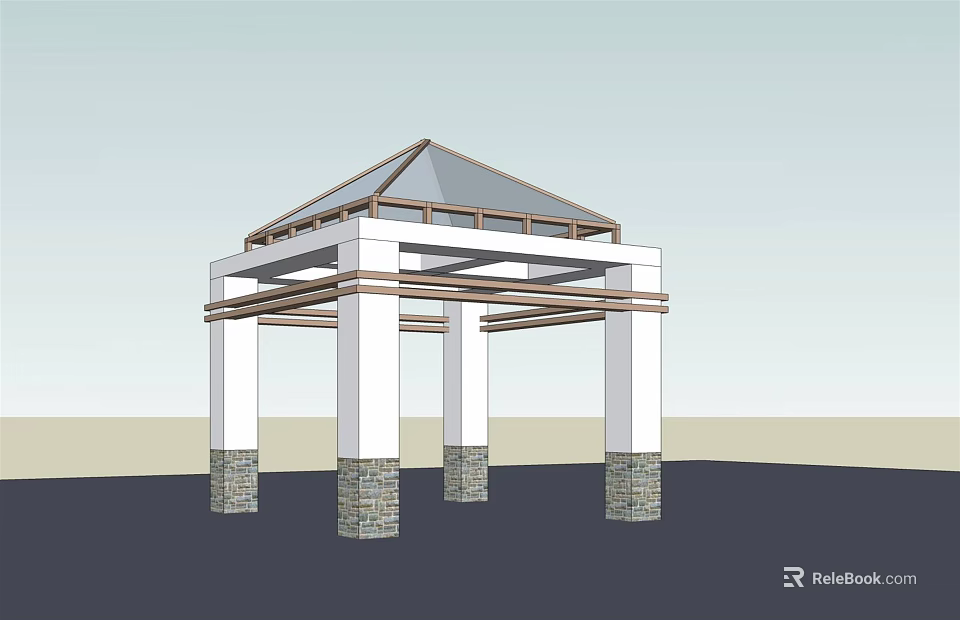 Outdoor Pavilion Structure With Glass Roof White Columns Stone Bases And Wooden Beams 3d model 