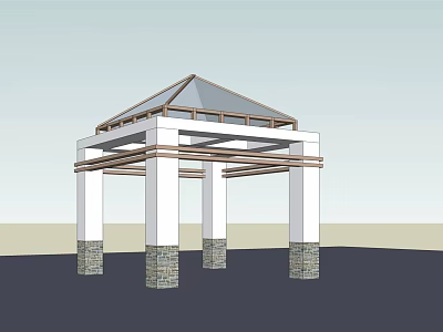 Outdoor Pavilion Structure With Glass Roof White Columns Stone Bases And Wooden Beams 3d model