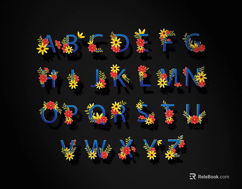 Flower Decorated Alphabet Letters With Colorful Petals On Black Background 3d model 