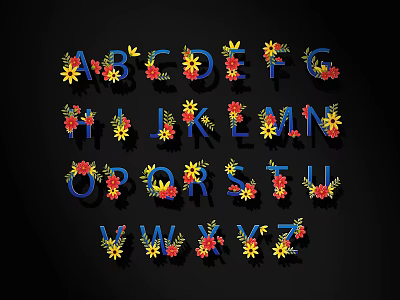 Flower Decorated Alphabet Letters With Colorful Petals On Black Background 3d model