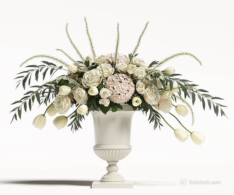 Elegant White Vase with White Pink Roses Hydrangeas Green Leaves Slender Branches for Interior Decoration 3d model 