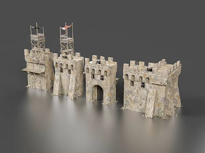 Stone Castle Like Towers With Arched Openings Flags And Medieval Design Elements 3d model