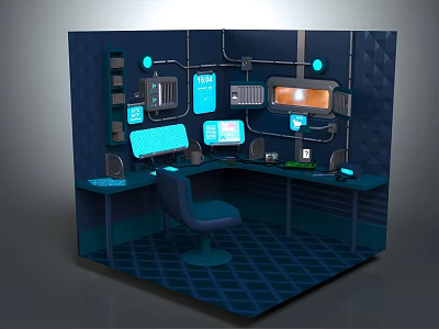 Futuristic Workspace With Multiple Screens Blue Lighting Console And Chair 3d model