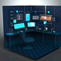 Futuristic Workspace With Multiple Screens Blue Lighting Console And Chair