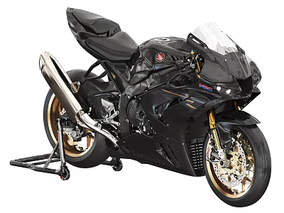 Black Sport Motorcycle With Golden Wheels Transparent Windshield And Black Seat 3d model