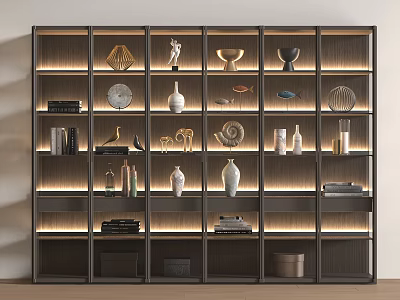 Modern Decorative Display Cabinet With Built In Lighting Showcasing Vases Sculptures Books And Plates 3d model