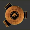 Round Wooden Dining Table With Decorative Inlay And Matching Chairs With Dark Blue Cushions