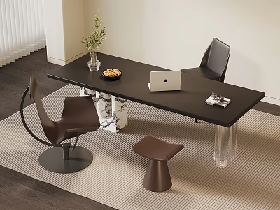 Modern Black Desk With Laptop Green Plant Bowl Of Nuts Magazine Brown Chairs And Stool 3d model