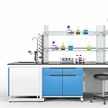 Modern Laboratory Workbench Setup With Blue Cabinets Yellow Warning Signs And Glass Shelves