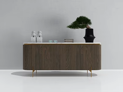 Modern Brown Console Table With Vertical Stripe Design Gold Legs White Vases And Green Plant 3d model