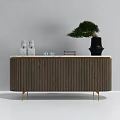 Modern Brown Console Table With Vertical Stripe Design Gold Legs White Vases And Green Plant