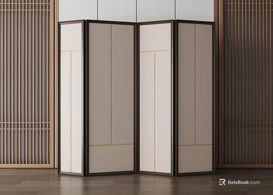 Modern Chinese Style Folding Screen With Light Panels And Dark Frames 3d model