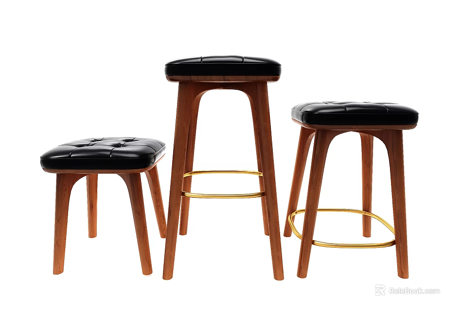 Three Stools with Various Heights Black Leather Seats Wooden Legs and Gold Metal Rings 3d model 