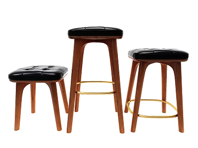 Three Stools with Various Heights Black Leather Seats Wooden Legs and Gold Metal Rings 3d model
