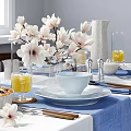 Elegant Dining Table Set With Wooden Chairs White Flowers Blue Runner And Homemade Pie