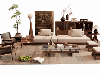 Elegant Modern Sofa And Coffee Table Set With Pillows Decorative Plants And Wooden Shelf 3d model