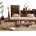 Elegant Modern Sofa And Coffee Table Set With Pillows Decorative Plants And Wooden Shelf