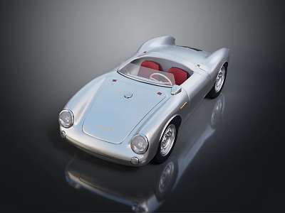 Silver Convertible Sports Car With Red Seats Streamlined Body Reflective Finish On Dark Background 3d model