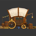 Cartoon Covered Wagon In A Scene With Barrels Crates And Supplies