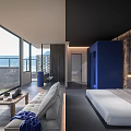 Modern Hotel Guest Room With Blue Decor Fireplace Sofa And Wooden Coffee Table