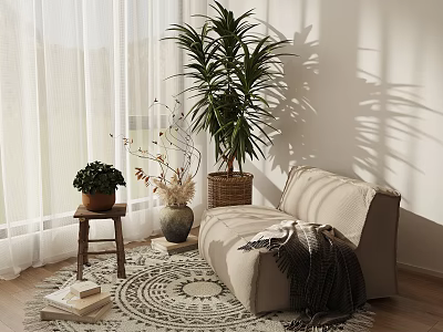 Beige Lounge Chair in Sunlit Room with Round Patterned Rug Green Plants and Decorative Stool 3d model