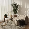 Beige Lounge Chair in Sunlit Room with Round Patterned Rug Green Plants and Decorative Stool