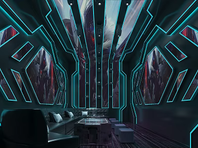 Modern KTV Lounge With Futuristic LED Lights Comfortable Seats And Artwork Decor 3d model