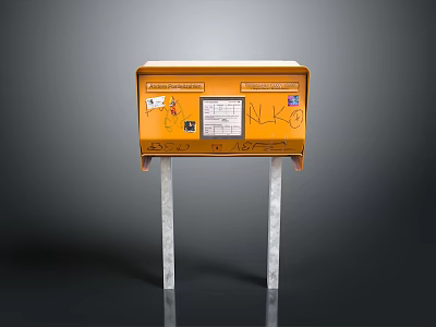 Orange Mailbox With Graffiti Stickers And Silver Poles Supporting On Gray Background 3d model