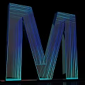 Glowing Blue Cyan Striped 3D Letter M Design With Light Effects On Black Background