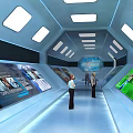 Futuristic Tech Corridor Featuring Screens On Both Sides Ceiling Lights And People Walking 3d model