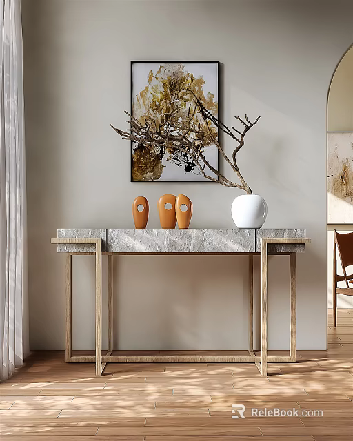 Elegant Console Table with Marble Top Golden Legs White Vase and Abstract Painting 3d model 