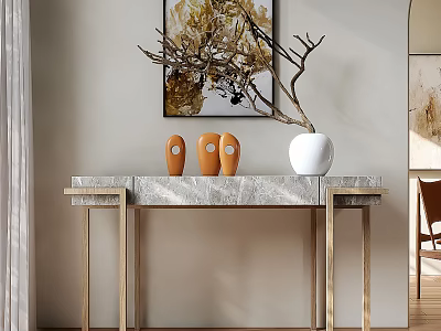 Elegant Console Table with Marble Top Golden Legs White Vase and Abstract Painting 3d model