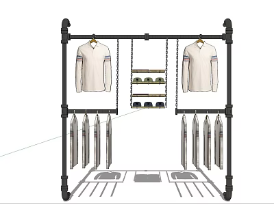 Industrial Style Clothing Store with Pipe Rack White Shirts Striped Collars Shoes Hats and Pants 3d model