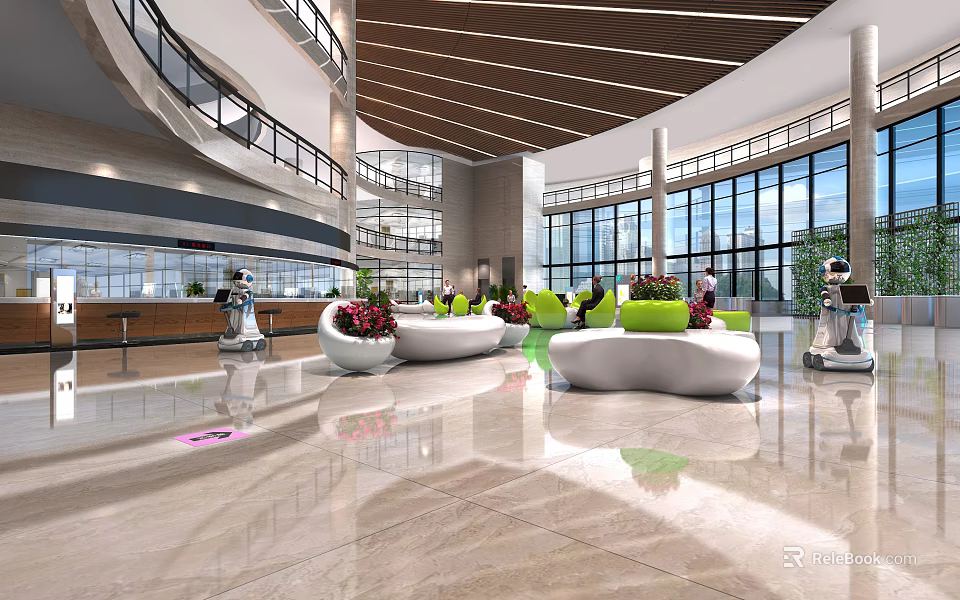 Modern Service Hall Interior Design With Spacious Space Marble Floor Green Sofas And Large Windows 3d model 