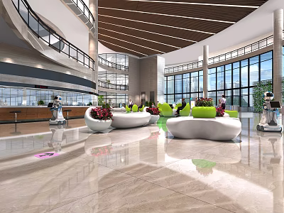 Modern Service Hall Interior Design With Spacious Space Marble Floor Green Sofas And Large Windows 3d model