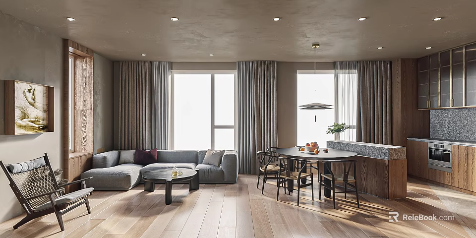 Minimalist Living And Dining Room Interior With Gray Sofa Dining Table Large Windows And Wooden Flooring 3d model 
