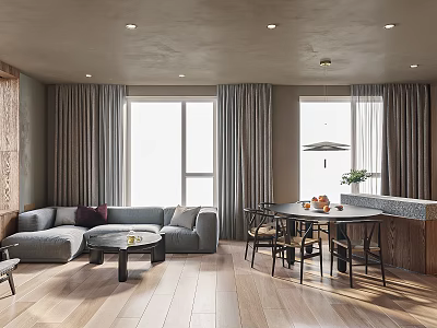 Minimalist Living And Dining Room Interior With Gray Sofa Dining Table Large Windows And Wooden Flooring 3d model