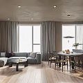 Minimalist Living And Dining Room Interior With Gray Sofa Dining Table Large Windows And Wooden Flooring