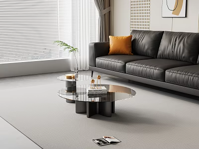 Modern Living Room With Glass Top Coffee Table Black Leather Sofa And Orange Pillow 3d model