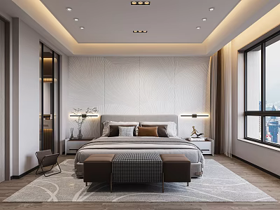 Modern Bedroom Interior With Textured Wall Headboard Nightstands Table Lamps Bench Rug And Recessed Lighting 3d model