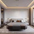 Modern Bedroom Interior With Textured Wall Headboard Nightstands Table Lamps Bench Rug And Recessed Lighting
