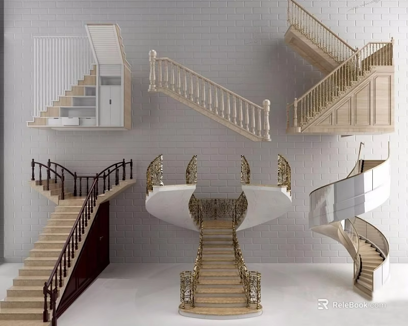 Various Staircase Designs with Wooden Steps Metal Railings and Curved Styles 3d model 