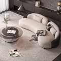 Modern Beige Curved Sofa Round Coffee Table Set with Gray Accent Chair and Plush Rug