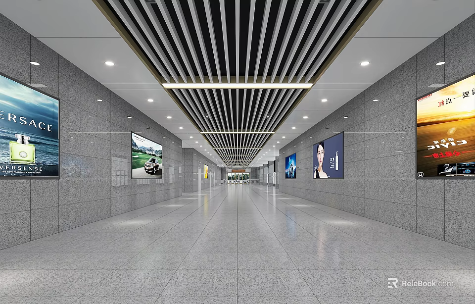 Modern Station Interior Corridor With Striped Ceiling And Advertisement Billboards Both Sides Bright Lighting 3d model 