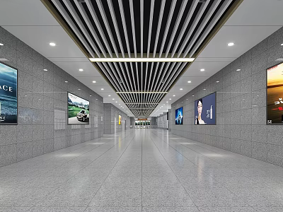 Modern Station Interior Corridor With Striped Ceiling And Advertisement Billboards Both Sides Bright Lighting 3d model