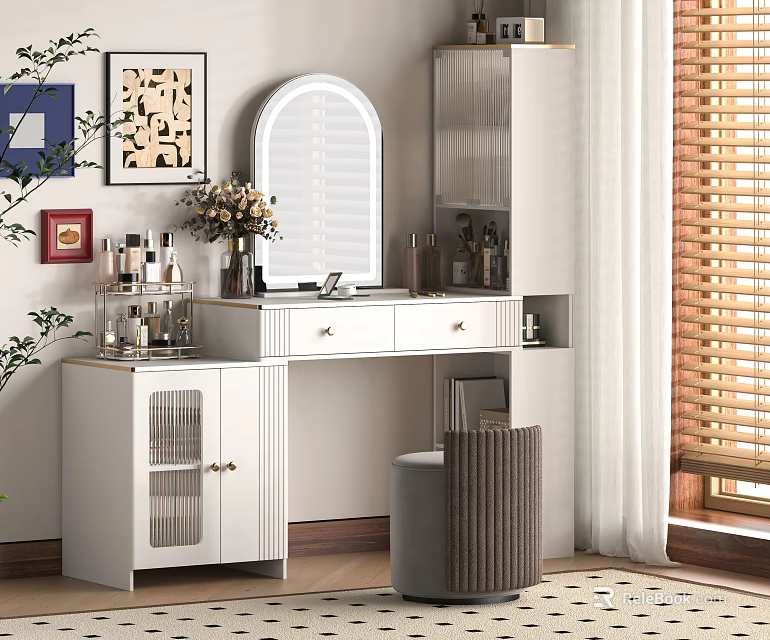 Modern White Dressing Table With Arched Mirror Cosmetics Flower Vase And Stool 3d model 